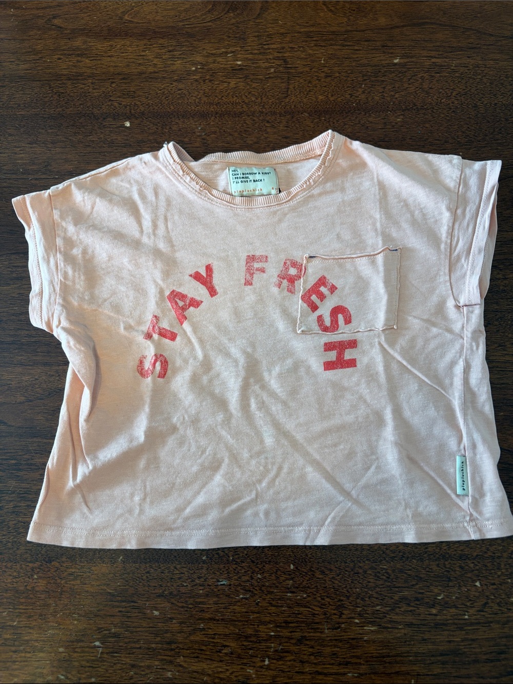 Piupiuchick T-Shirt Light Pink 'Stay Fresh' Short-Sleeve with Chest Pocket 4T